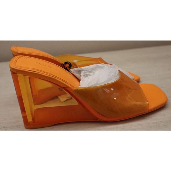 Bershka Women's Sz 9 Bright Orange Clear Detail  Square Toe Wedge Mules - Picture 5 of 12
